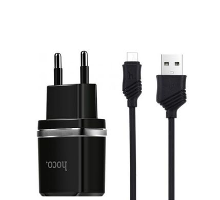 Мережевий зарядний пристрій HOCO C12 Smart dual USB (Micro cable)charger set Black