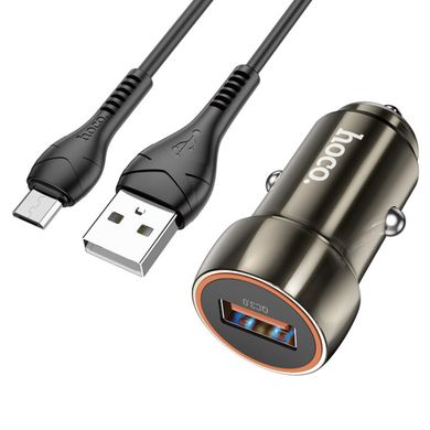 Автомобільний зарядний пристрій HOCO Z46 Blue shield single port QC3.0 car charger set(Micro) Metal Gray