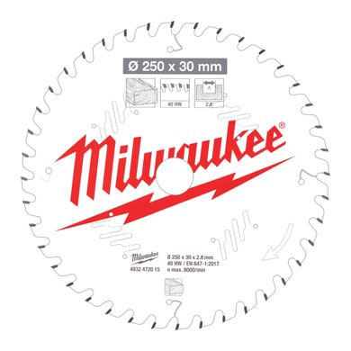 Диск пиляльний MILWAUKEE, Ø250/30мм, 40 зуб.