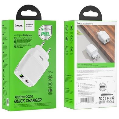 Мережевий зарядний пристрій HOCO C85A Bright dual port PD20W+QC3.0 charger White